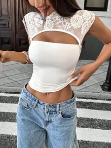 Close-up view of white lace patchwork cut-out slim fit sexy crop top for women