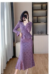 Full view of elegant purple lace V-neck flared sleeve top and mermaid skirt set on a model