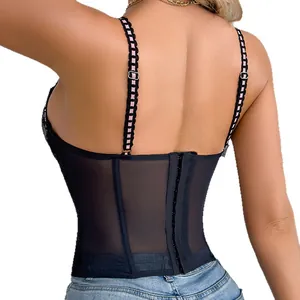 Elegantes Korsett-Top aus schwarzer Spitze mit rosa Trägern und Netzrücken-Detail