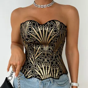 Elegante corsetto strapless con paillettes dorate e ricami in stile barocco reale
