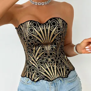 Elegante top a corsetto senza spalline con ricami in paillettes dorate e vestibilità