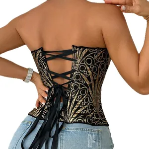 Elegante corsetto in paillettes oro e nero con sexy chiusura stringata regolabile