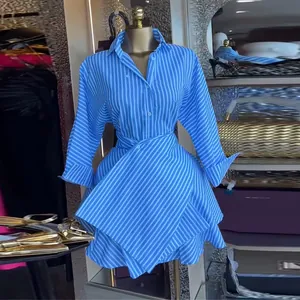 Chic blue and white striped A-line shirt dress with long sleeves and high waist
