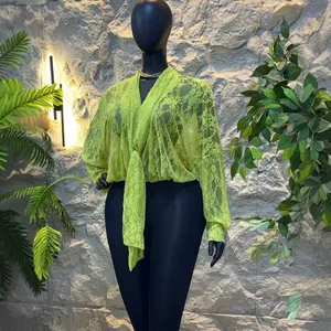 Chemisier Femme en Polyester Col en V Maille Transparente Dentelle Coupe Ample Manches Longues Lien à Nouer Élégant Haut Été Sexy Casual
