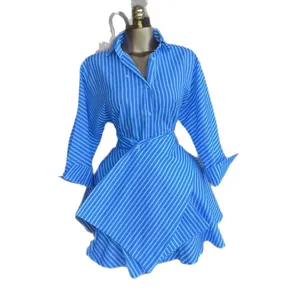 Blue and white striped long sleeve high waist A-line shirt dress with lapel collar