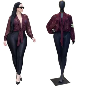 Chemisier sexy en dentelle transparente rouge bordeaux avec col en V et nœud frontal
