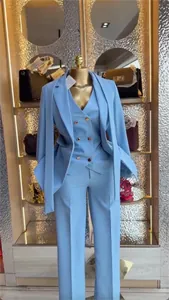 Light blue three-piece suit set with blazer vest and pants displayed on a mannequin