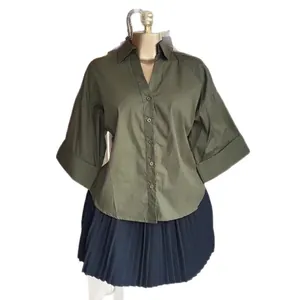 Chemise femme vert olive à manches chauve-souris et col à revers, mode automne 2025