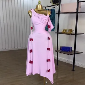 Women Elegant Polyester Asymmetric One Shoulder Midi Dress High Waist Slimming Pink Ivory White Dress Evening Party Cocktail
