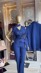 Elegant three-piece blue commuter suit set detail featuring vest and trousers