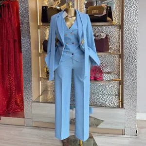 Women Elegant Polyester 3 Piece Suit Set Long Sleeve Blazer Vest Trousers Solid Color Office Business Commuter Outfits