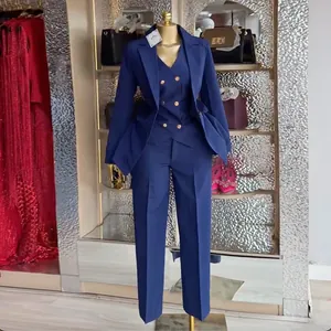 Professional navy blue three-piece suit with blazer, vest and trousers on mannequin
