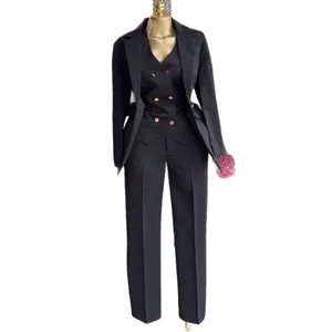 Elegant black 3-piece women's business suit set with blazer, vest and straight trousers
