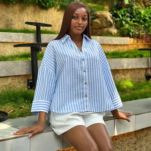 Chemise décontractée rayée bleu et blanc pour femme, coupe oversize avec col à revers