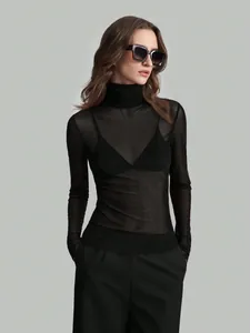 Women Slim Fit Long Sleeve Mesh T-Shirt Top Elegant Solid Color Mock Neck Polyester See-Through Base Layer Apparel