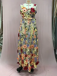 Macro view of exquisite 3D floral embroidery on a colorful mesh summer dress for women