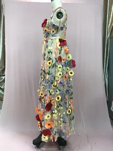 Detailed side view of elegant beige mesh maxi dress with vibrant 3D floral embroidery