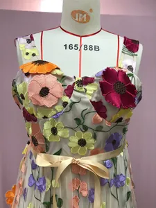 Exquisite detail view of colorful 3D floral embroidery on a sexy mesh bodycon dress