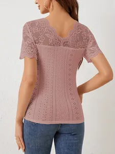 Detailed back view of dusty pink scalloped V-neck lace patchwork slim T-shirt