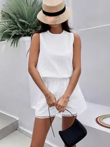 Women Backless Eyelet Embroidery Top And Bottom Set Summer Sleeveless Rayon Shorts Set For Vacation Casual Beachwear
