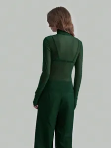Back view of a green sheer mesh long sleeve top with a high neck for elegant styling.