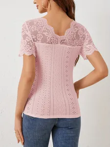 Back view detail of elegant pink slim fit T-shirt with delicate scalloped lace splicing