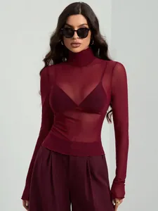 Elegant burgundy sheer mesh long sleeve turtleneck top for women with a slim fit silhouette