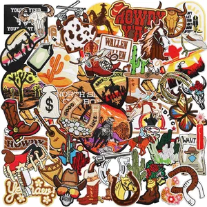 Detailed view of various western cowboy themed embroidered iron-on patches in brown.