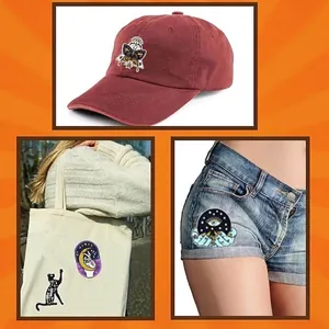Witchy mystic embroidery patches featuring crystal ball and evil eye on various items.