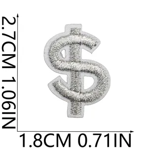 Nahaufnahme des silbern gestickten Dollarzeichen-Aufnähers mit Maßen von 2,7 cm x 1,8 cm