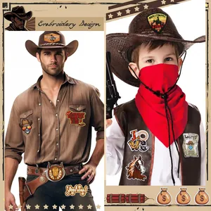 Macro detail of western cowboy embroidery patches for hats and jackets decoration