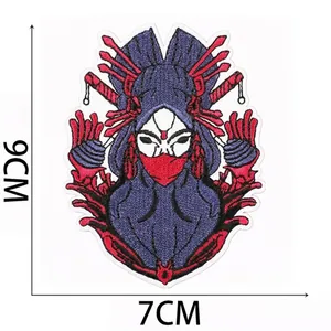 Detailed view of a purple and red geisha ninja embroidered patch on white background.