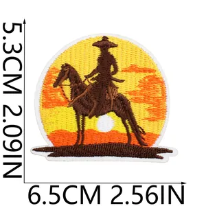 Detailed size view of brown cowboy sunset silhouette embroidered patch, 6.5x5.3cm.