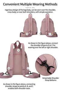 Instructional view of pink mini nylon backpack showing multi-functional detachable straps