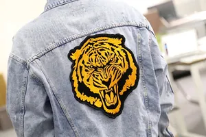 Large detailed yellow and black tiger head embroidered patch for DIY jacket customization