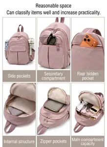 Detailed views showing multi-pocket functional pink nylon mini backpack compartments