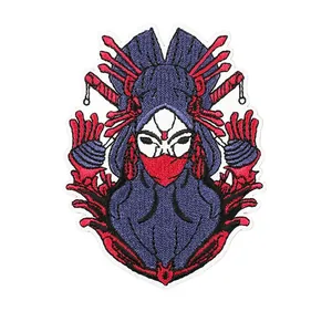 Detailed fantasy ninja girl embroidered cloth patch with red mask and blue hood iron-on