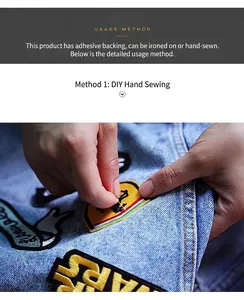 Close-up detail of hand sewing DIY embroidered patches onto a blue denim jacket sleeve