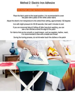 Step-by-step instruction showing how to iron an embroidery patch on a green T-shirt.