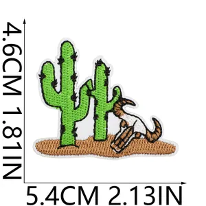 Western cowboy cactus bull skull embroidery patch measures 5.4cm by 4.6cm for jacket decoration