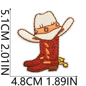 Detailed view of western cowboy boot and hat embroidered patch with dimensions 5.1x4.8cm