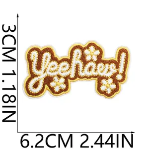 Detailed view of a Yeehaw western style embroidered patch with dimensions included.