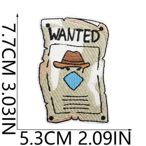 Western cowboy style wanted poster embroidery patch showing 7.7cm by 5.3cm dimensions