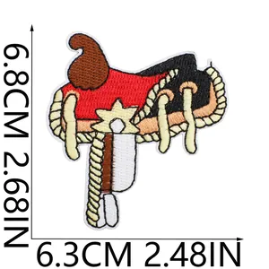 Detailed view of cowboy saddle embroidery patch with size measurements in CM and IN