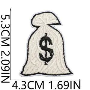Detailed size measurements of white money bag embroidery patch with dollar sign