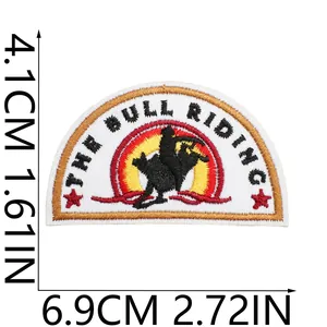 Detailed close-up of the Bull Riding embroidery patch showing dimensions of 6.9x4.1cm