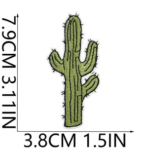 Detailed size markings for green cactus embroidered patch, 7.9cm tall and 3.8cm wide.