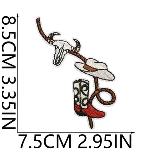 High-quality detail of Western cowboy embroidery patch featuring skull, hat, and boot
