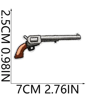 Brown Western revolver embroidered patch with 7cm and 2.5cm dimension markings for scale