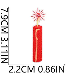 Red firecracker embroidered patch showing dimensions 7.9x2.2cm for jacket DIY decor